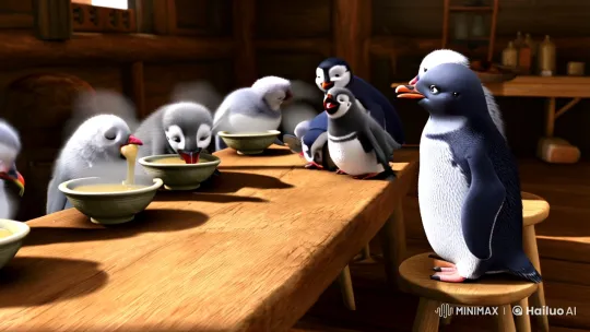 Baby Penguins Enthusiastically Enjoying Soup in Cozy Cabin – AI Generated Video | Hailuo AI