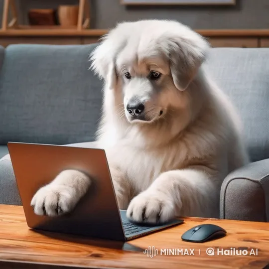 Fluffy Dog Astonished by Its Paw Movements on Laptop – AI Generated Video | Hailuo AI