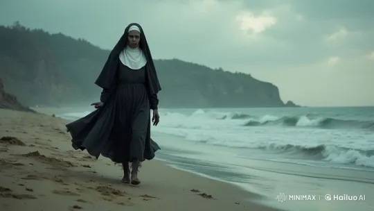 Nun Walking Barefoot on a Serene Beach – AI Generated Video | Hailuo AI