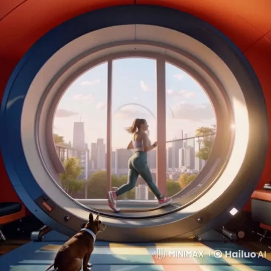 Woman Exercising at Home with Sunset Cityscape View – AI Generated Video | Hailuo AI