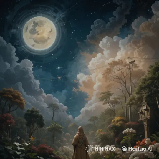 Mystical Moonlit Garden: Cloaked Figure's Tranquil Night Stare – AI Generated Video | Hailuo AI