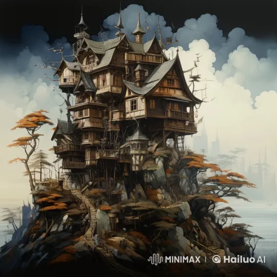 Enchanted Wooden House on Cliff Amidst Autumnal Serenity – AI Generated Video | Hailuo AI