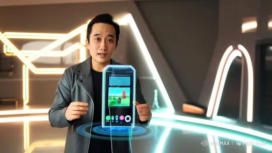 Man Engages with Futuristic Holographic Smartphone in High-Tech Setting – AI Generated Video | Hailuo AI