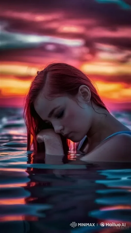 Redhead in Twilight Waters: A Serene Reflection – AI Generated Video | Hailuo AI