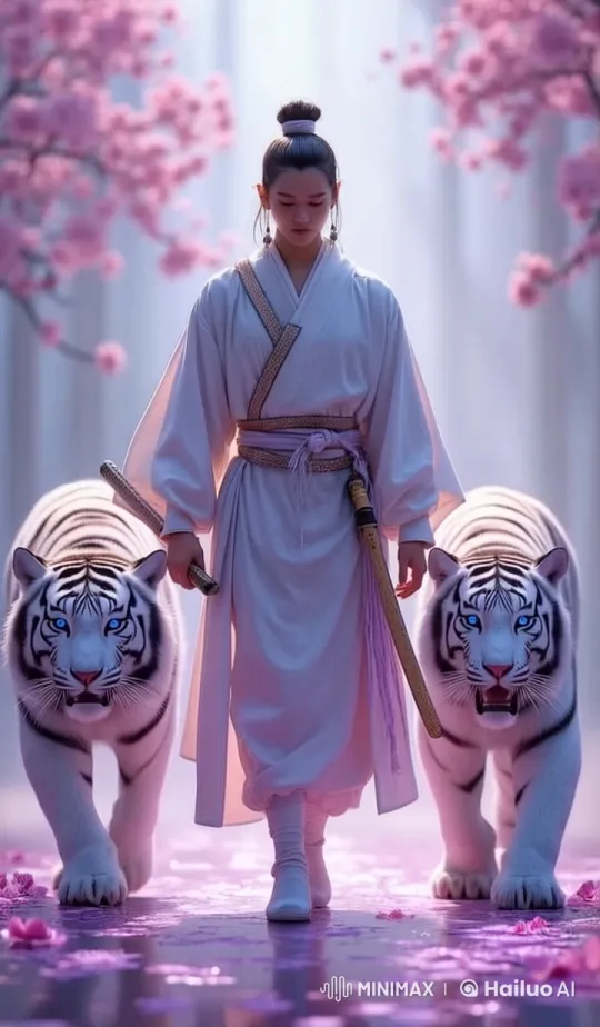 Warrior and Tigers Walk Through Cherry Blossoms – AI Generated Video | Hailuo AI