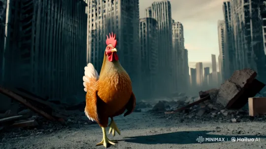 Surreal Chicken Throws Bombs in Desolate Cityscape – AI Generated Video | Hailuo AI