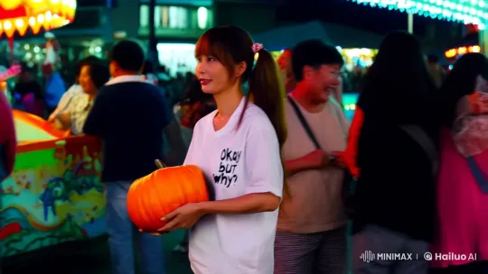 Japanese Woman in Carnival with Pumpkin and 'Okay, but why?' Shirt – AI Generated Video | Hailuo AI