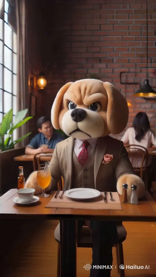 Anthropomorphic Dog Showcases Anger in Bustling Cafe – AI Generated Video | Hailuo AI