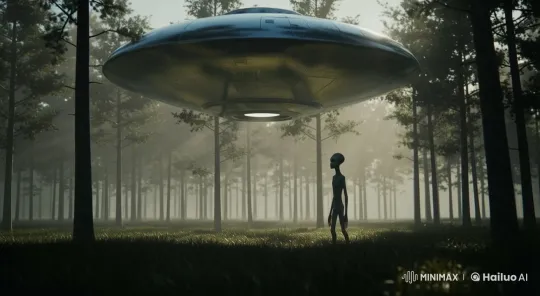 Tranquil Forest Encounter with Alien and Hovering UFO – AI Generated Video | Hailuo AI