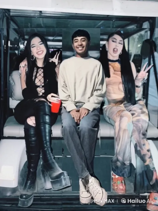 Affectionate Golf Cart Moment with Smiling Friends – AI Generated Video | Hailuo AI