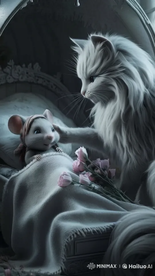 Cat Comforts Sick Mouse with Flowers in Cozy Room – AI Generated Video | Hailuo AI