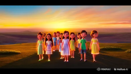 Children Walk Toward Sunset in Unity and Harmony – AI Generated Video | Hailuo AI