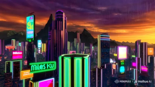Retro Synthwave Cityscape with Dynamic Lighting and Mountains – AI Generated Video | Hailuo AI