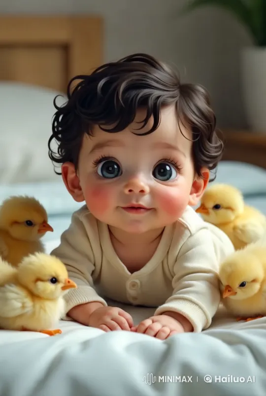 Baby and Chicks Share Joyful Moment in Cozy Bedroom – AI Generated Video | Hailuo AI