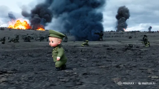 Innocence Amidst Chaos: Baby Army on Battleground – AI Generated Video | Hailuo AI