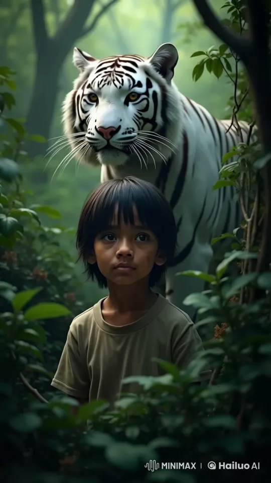 Boy Encounters Rare White Tiger in Serene Forest – AI Generated Video | Hailuo AI