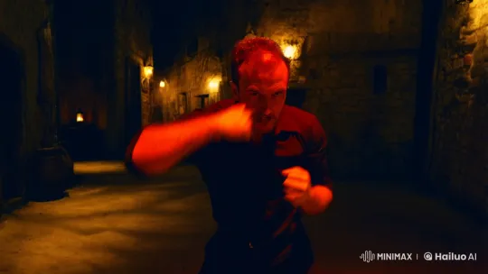 Dramatic Punch in Rustic Alley: Visual Contrast and Movement – AI Generated Video | Hailuo AI