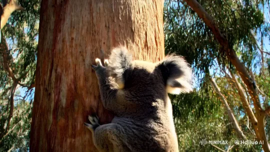 Koala Climbs Tree, Nibbles Leaves Amidst Bees – AI Generated Video | Hailuo AI