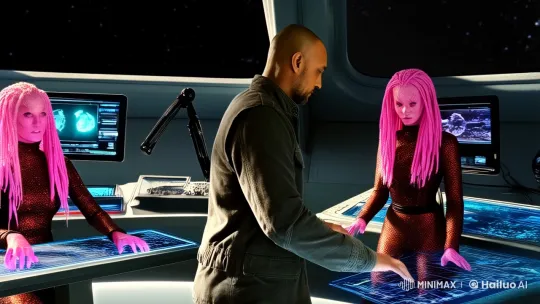 Man and Cyborgs Collaborate in Futuristic Space Station – AI Generated Video | Hailuo AI