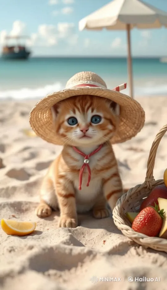 Charming Kitten on Sunny Beach with Fruits Basket – AI Generated Video | Hailuo AI