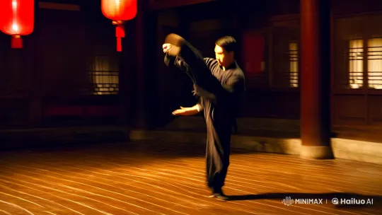 Dynamic Martial Arts Display in Aesthetic Training Hall – AI Generated Video | Hailuo AI