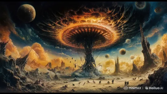 Alien Landscape with Glowing Mushroom Structure and Humanoid Activity – AI Generated Video | Hailuo AI