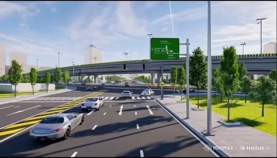 Modern Intersection with Coordinated Traffic and Greenery – AI Generated Video | Hailuo AI