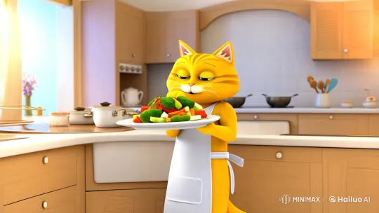 Cat Chef Proudly Plates Vegetables with Artistry – AI Generated Video | Hailuo AI