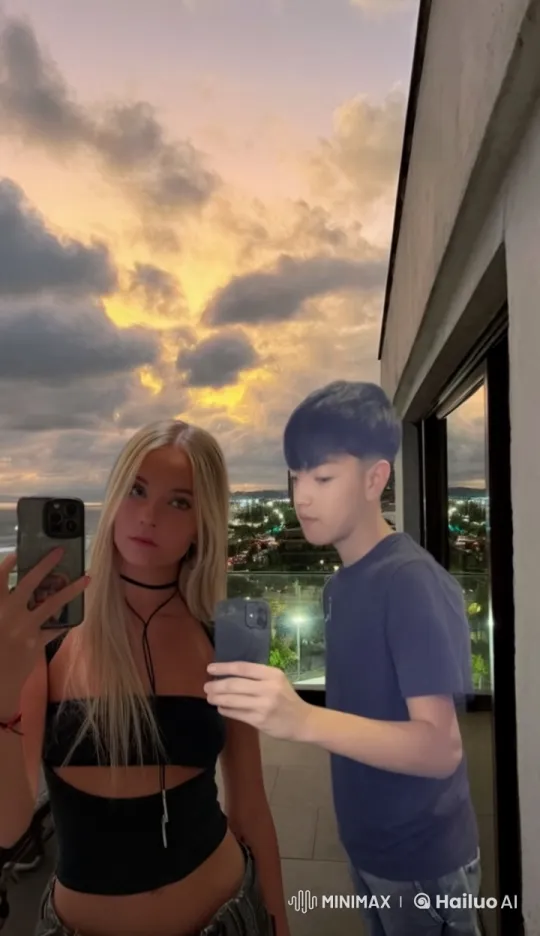 Romantic Sunset Selfie Moment on a City Balcony – AI Generated Video | Hailuo AI