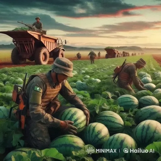 Military Harvest: Soldiers Collect Watermelons at Sunset – AI Generated Video | Hailuo AI
