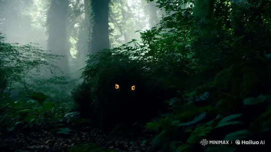 Misty Forest: Camouflaged Creature's Menacing Gaze – AI Generated Video | Hailuo AI