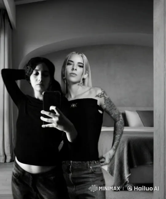 Affectionate Selfie: Two Women in a Monochrome Bedroom – AI Generated Video | Hailuo AI