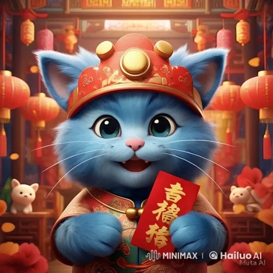 Blue-haired Cat Celebrates Chinese New Year with Red Envelope – AI Generated Video | Hailuo AI