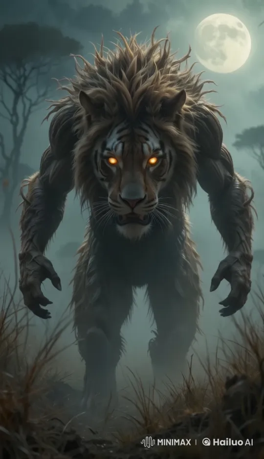 Majestic Lion-Tiger Hybrid Transforms in Moonlit Savannah – AI Generated Video | Hailuo AI