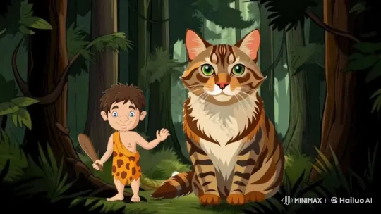 Boy Naps on Friendly Striped Cat in Peaceful Forest – AI Generated Video | Hailuo AI