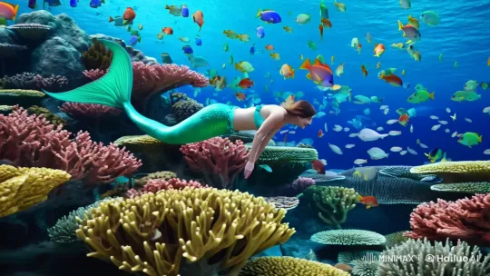Mermaid Glides Through Vibrant Caribbean Reef – AI Generated Video | Hailuo AI