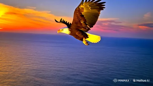 Eagle Glides Over Golden Ocean at Sunset – AI Generated Video | Hailuo AI