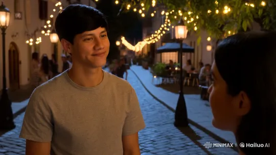 Young Man Shares Intimate Kiss in Enchanted Town Square – AI Generated Video | Hailuo AI