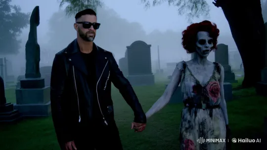 Rugged Man and Zombie Ghoul in Haunted Cemetery Romance – AI Generated Video | Hailuo AI