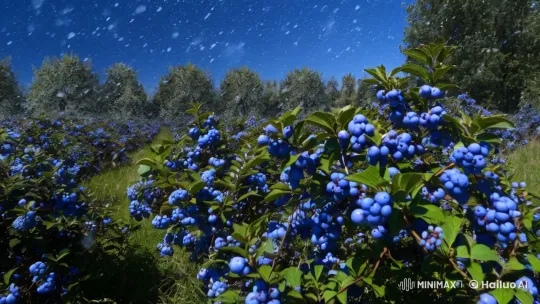 Enchanting Blueberry Field with Graceful Wind and Snow – AI Generated Video | Hailuo AI