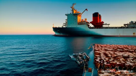 Colossal Cargo Ship with Robot Tending 200,000 Cattle at Sunset – AI Generated Video | Hailuo AI