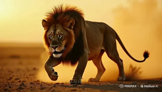 Lion Walks Through Desert at Dawn – AI Generated Video | Hailuo AI