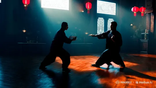 Elegant and Exhilarating Kung Fu Battle in Atmospheric Dojo – AI Generated Video | Hailuo AI