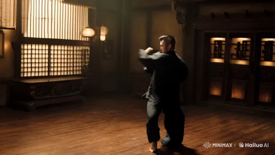 Martial Artist in Dynamic Dojo Fight with Cinematic Flourishes – AI Generated Video | Hailuo AI