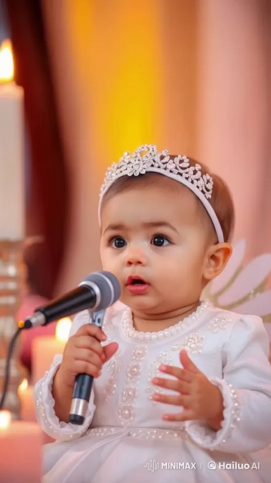 Baby in Elegant Dress With Microphone in Intimate Setting – AI Generated Video | Hailuo AI