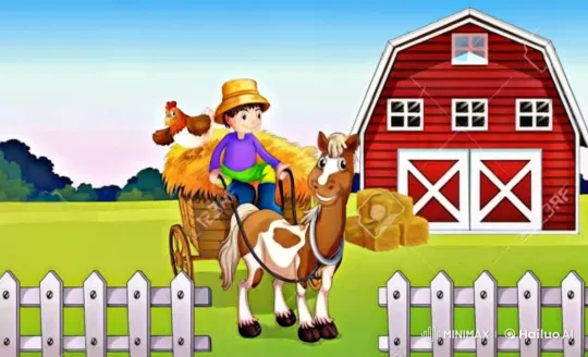 Happy Man Rides Grass-Filled Wagon with Animated Horse – AI Generated Video | Hailuo AI