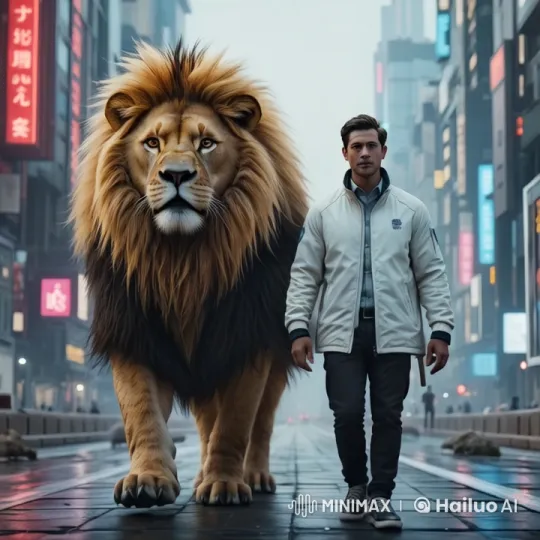Man and Lion: A Bond of Camaraderie in Urban Modernity – AI Generated Video | Hailuo AI