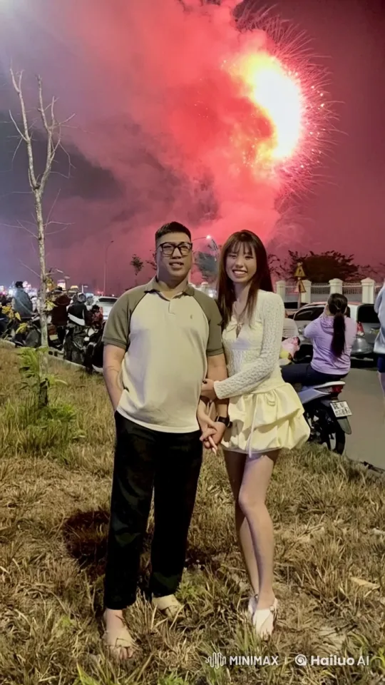 Couple Displays Martial Arts Amidst Fireworks and Festive Crowd – AI Generated Video | Hailuo AI