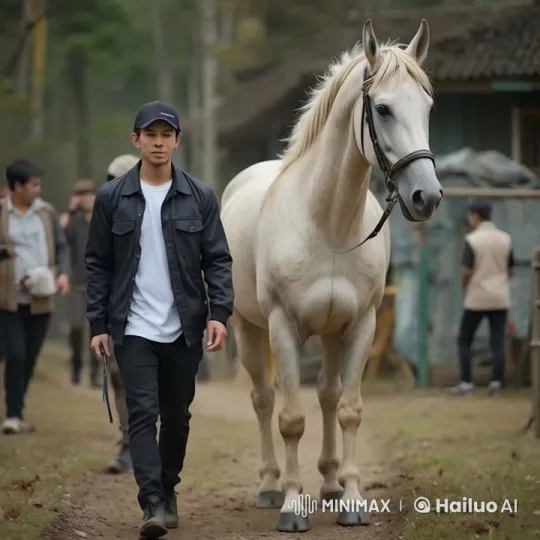 Man and Horse Stroll Through Tranquil Woods – AI Generated Video | Hailuo AI