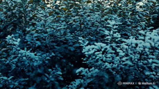 Aesthetic Tracking Shot Captures Serene Blueberry Bushes and Snowfall – AI Generated Video | Hailuo AI